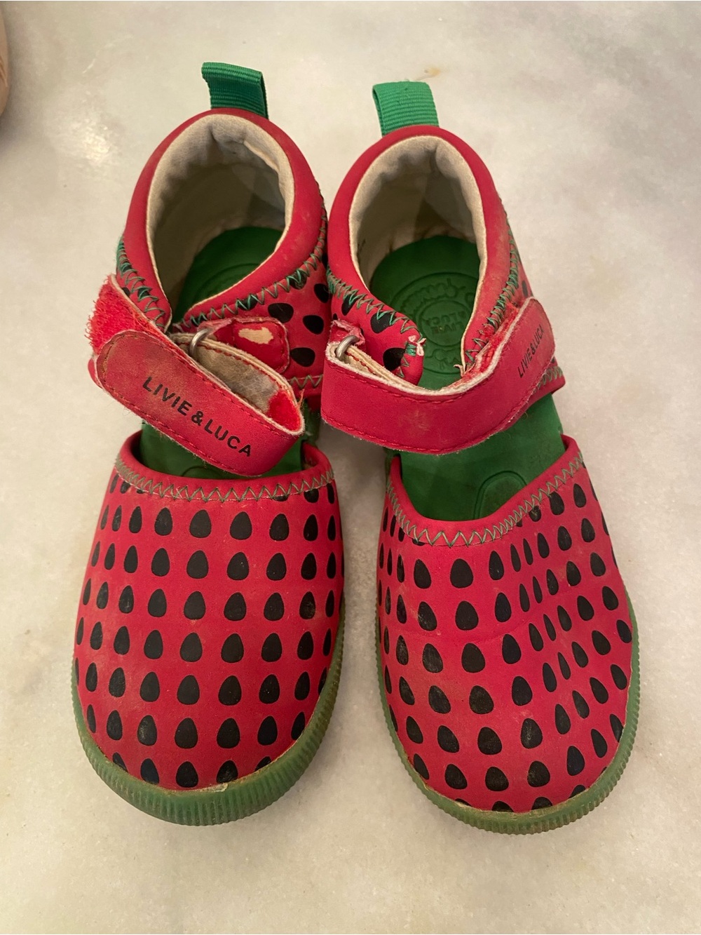 Livie & Luca Red and Green Watermelon Dot Mary Janes water shoes